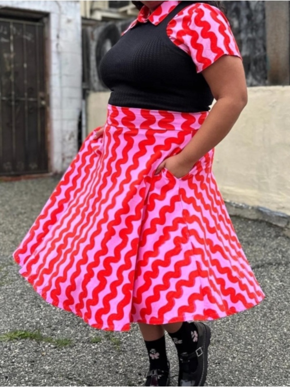 NWT Nooworks 4X Pink Red Squiggle Print Midi Skirt Rayon California Made